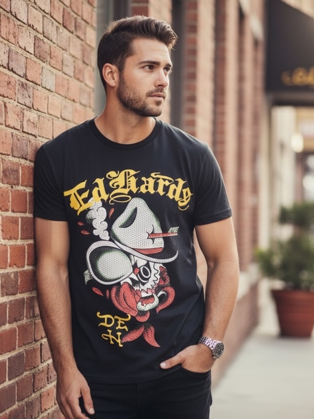NWT Ed Hardy Cowboy Skull Throwback Rhinestone Tee Dark Gray M/XXL